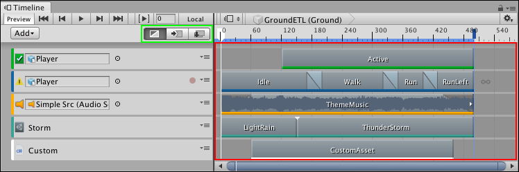 The Clip Edit modes (green) and the Clips view (red)