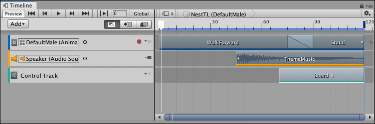 The master NestTL Timeline instance has a character walking and theme music. A Control track nests the BoardTL Timeline instance for the game board animation.