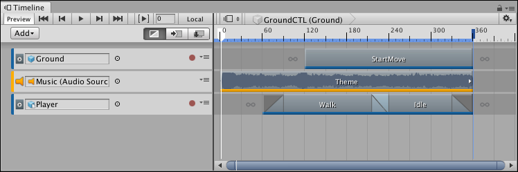 Selecting a GameObject associated with a Timeline Asset displays its tracks and clips, and the bindings from the Timeline instance