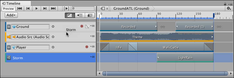 For example, the white insert line indicates that the Control track (Storm) will be placed between the first track (Ground) and second track (Audio Src)